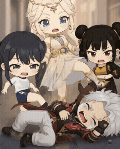 A Group Of Cartoon Characters Including A Girl With The Letter R On Her Chest GIF