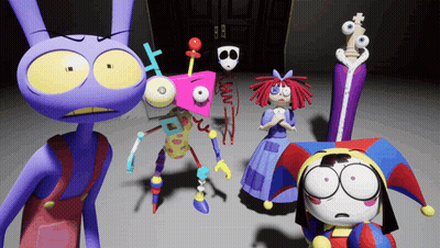 A Group Of Cartoon Characters Including A Jester And A Purple Bunny GIF