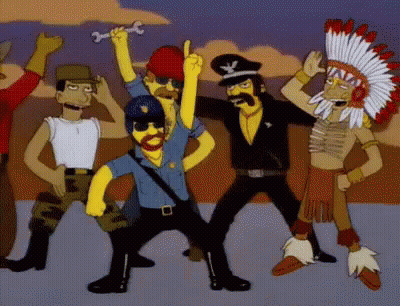 A Group Of Cartoon Characters Including A Police Officer And An Indian GIF
