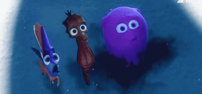 A Group Of Cartoon Characters Including A Seahorse And Jellyfish Are Swimming In The Ocean . GIF
