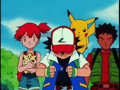 A Group Of Cartoon Characters Including Ash And Misty Standing Next To Each Other GIF