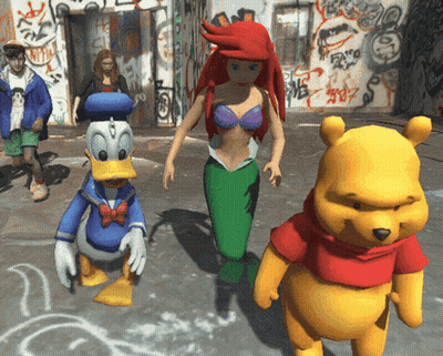 A Group Of Cartoon Characters Including Donald Duck Ariel And Winnie The Pooh Are Walking Down A Street GIF