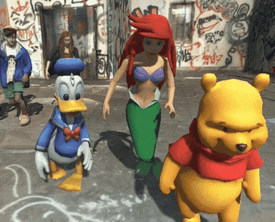 A Group Of Cartoon Characters Including Donald Duck Ariel And Winnie The Pooh Are Walking Down A Street GIF