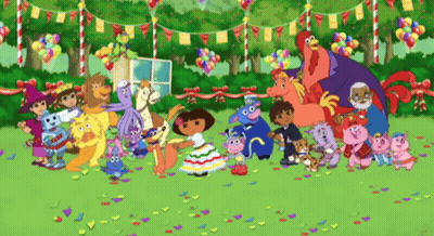 A Group Of Cartoon Characters Including Dora The Explorer Are Gathered Together GIF
