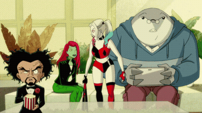 A Group Of Cartoon Characters Including Harley Quinn Ivy And A Shark GIF