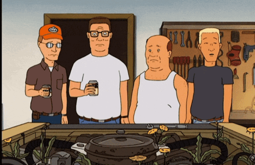 A Group Of Cartoon Characters Including King Of The Hill Stand Around A Car Engine GIF
