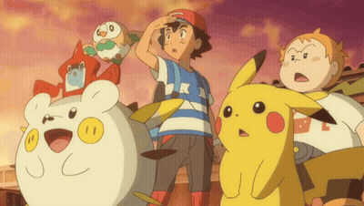 A Group Of Cartoon Characters Including Pikachu And Ash Are Standing Together GIF