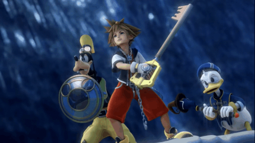 A Group Of Cartoon Characters Including Sora Goofy And Donald Duck Are Standing Next To Each Other GIF
