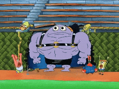 A Group Of Cartoon Characters Including Spongebob And Patrick Are Standing Around A Purple Monster GIF