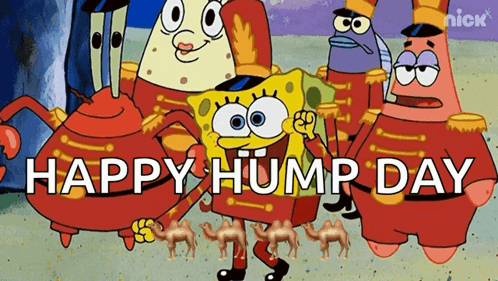A Group Of Cartoon Characters Including Spongebob And Patrick Are Standing Next To Each Other And Saying Happy Hump Day GIF