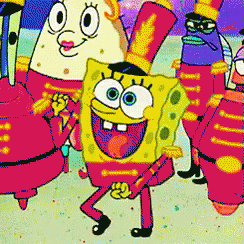 A Group Of Cartoon Characters Including Spongebob Are Dancing In A Parade GIF