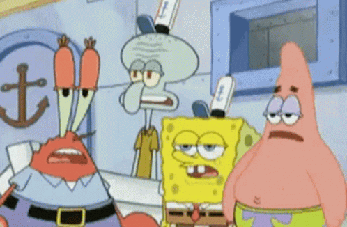 A Group Of Cartoon Characters Including Spongebob , Patrick Star And Squidward Are Standing Next To Each Other . GIF
