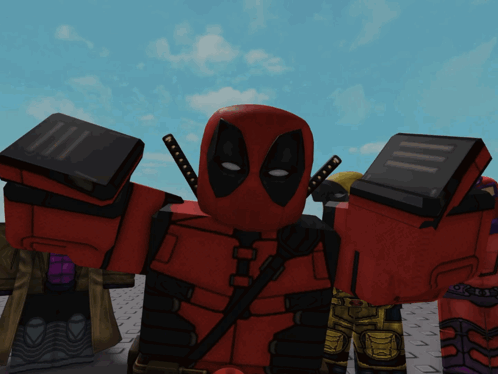 A Group Of Cartoon Characters Including Wolverine And Deadpool Are Standing Next To Each Other GIF