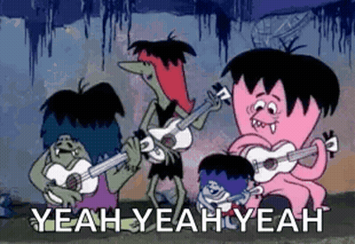A Group Of Cartoon Characters Playing Guitars With The Words `` Yeah Yeah Yeah '' Written Below Them . GIF