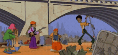 A Group Of Cartoon Characters Playing Instruments Under A Bridge GIF
