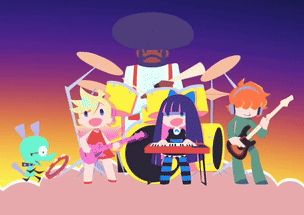 A Group Of Cartoon Characters Playing Musical Instruments Including A Girl Playing A Keyboard And A Boy Playing A Guitar GIF