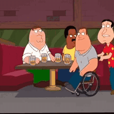 A Group Of Cartoon Characters Sitting Around A Table With Beer Mugs GIF