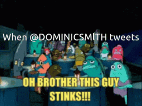 A Group Of Cartoon Characters Sitting Around A Table With The Caption " Oh Brother This Guy Stinks !!! " GIF