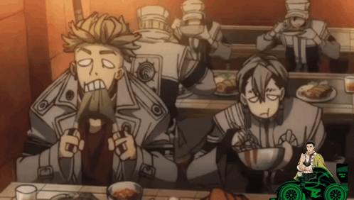 A Group Of Cartoon Characters Sitting At A Table Eating GIF