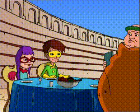 A Group Of Cartoon Characters Sitting At A Table With A Bowl Of Food GIF