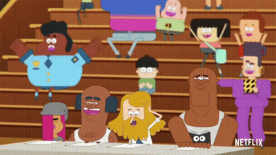 A Group Of Cartoon Characters Sitting At A Table With Netflix Written On The Bottom Right GIF