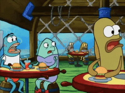 A Group Of Cartoon Characters Sitting At Tables With Hamburgers GIF