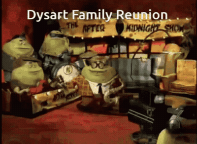 A Group Of Cartoon Characters Sitting In Front Of A Sign That Says " Dysart Family Reunion " GIF