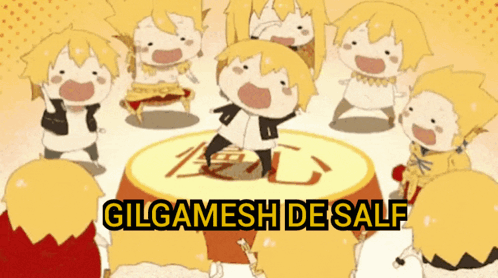 A Group Of Cartoon Characters Standing Around A Table With The Words Gilgamesh De Sale Written On The Bottom GIF