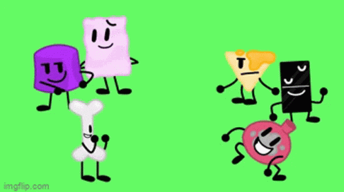 A Group Of Cartoon Characters Standing Around A Triangle With A Face On It . GIF