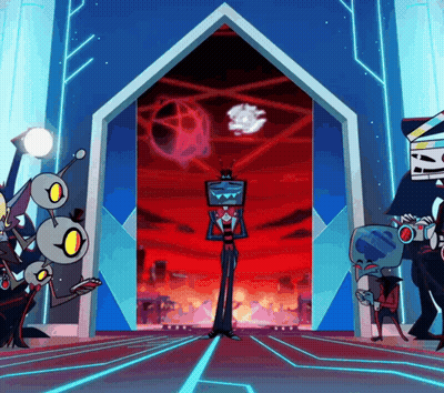 A Group Of Cartoon Characters Standing In Front Of A Door With A Sign That Says ' I 'M Sorry ' GIF