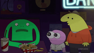 A Group Of Cartoon Characters Standing In Front Of A Sign That Says Adult Swim GIF