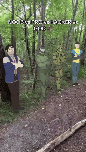 A Group Of Cartoon Characters Standing In The Woods With The Words Noob Vs Pro Vs Hacker Vs God Below Them GIF