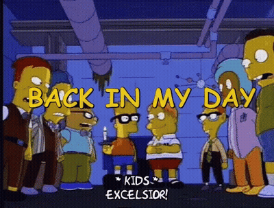 A Group Of Cartoon Characters Standing Next To Each Other And The Words Back In My Day Kids Excelsior GIF