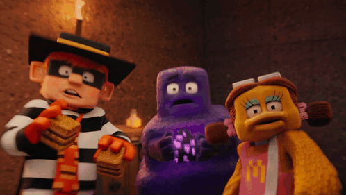 A Group Of Cartoon Characters Standing Next To Each Other Including A Purple Monster GIF