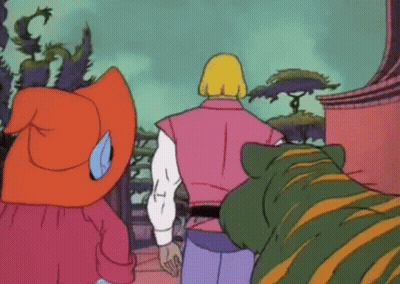 A Group Of Cartoon Characters Standing Next To Each Other Including One Wearing A Red Hat GIF