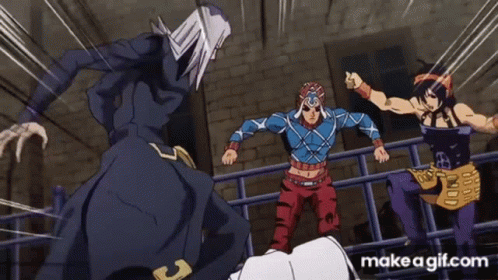 A Group Of Cartoon Characters Standing Next To Each Other On A Fence . GIF
