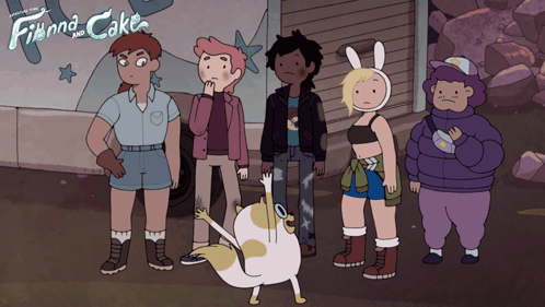 A Group Of Cartoon Characters Standing Next To Each Other With Finna And Cake Written On The Bottom GIF