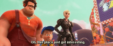 A Group Of Cartoon Characters Standing Next To Each Other With One Saying Oh , This Place Just Got Interesting GIF
