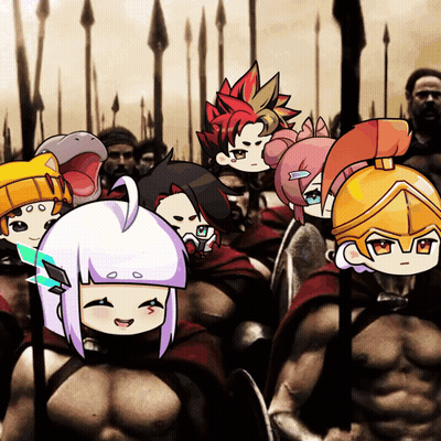A Group Of Cartoon Characters Standing Next To Each Other With Spears In The Background GIF