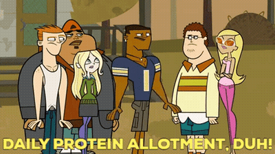 A Group Of Cartoon Characters Standing Next To Each Other With The Words Daily Protein Allotment Duh On The Bottom GIF