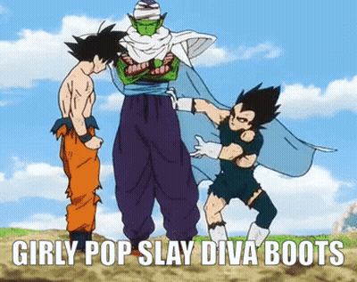 A Group Of Cartoon Characters Standing Next To Each Other With The Words `` Girly Pop Slay Diva Boots '' On The Bottom . GIF