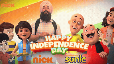 A Group Of Cartoon Characters Standing Next To Each Other With The Words Happy Independence Day GIF