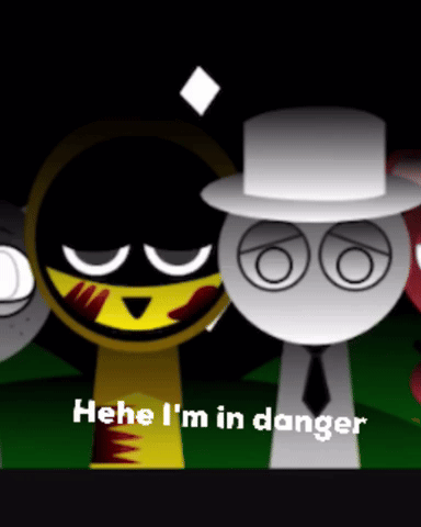 A Group Of Cartoon Characters Standing Next To Each Other With The Words " Hee I 'M In Danger " At The Bottom GIF