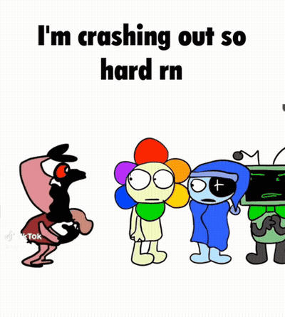 A Group Of Cartoon Characters Standing Next To Each Other With The Words I 'M Crashing Out So Hard Rn GIF