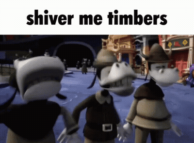 A Group Of Cartoon Characters Standing Next To Each Other With The Words Shiver Me Timbers Written Above Them . GIF