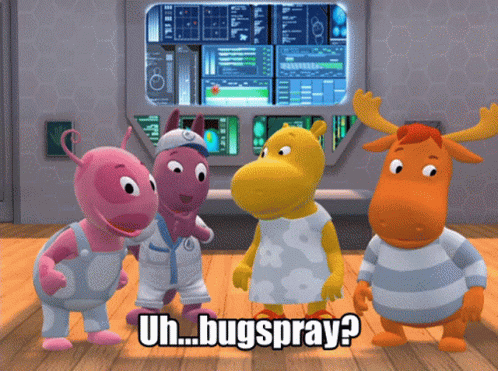 A Group Of Cartoon Characters Standing Next To Each Other With The Words Uh Bugspray On The Bottom GIF