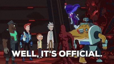 A Group Of Cartoon Characters Standing Next To Each Other With The Words Well It 'S Official On The Bottom GIF