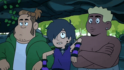 A Group Of Cartoon Characters Standing Next To Each Other With Their Arms Crossed GIF