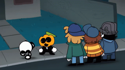 A Group Of Cartoon Characters Standing On A Sidewalk Including A Pumpkin GIF