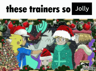 A Group Of Cartoon Characters Wearing Santa Hats With The Words " These Trainers So Jolly " Above Them GIF
